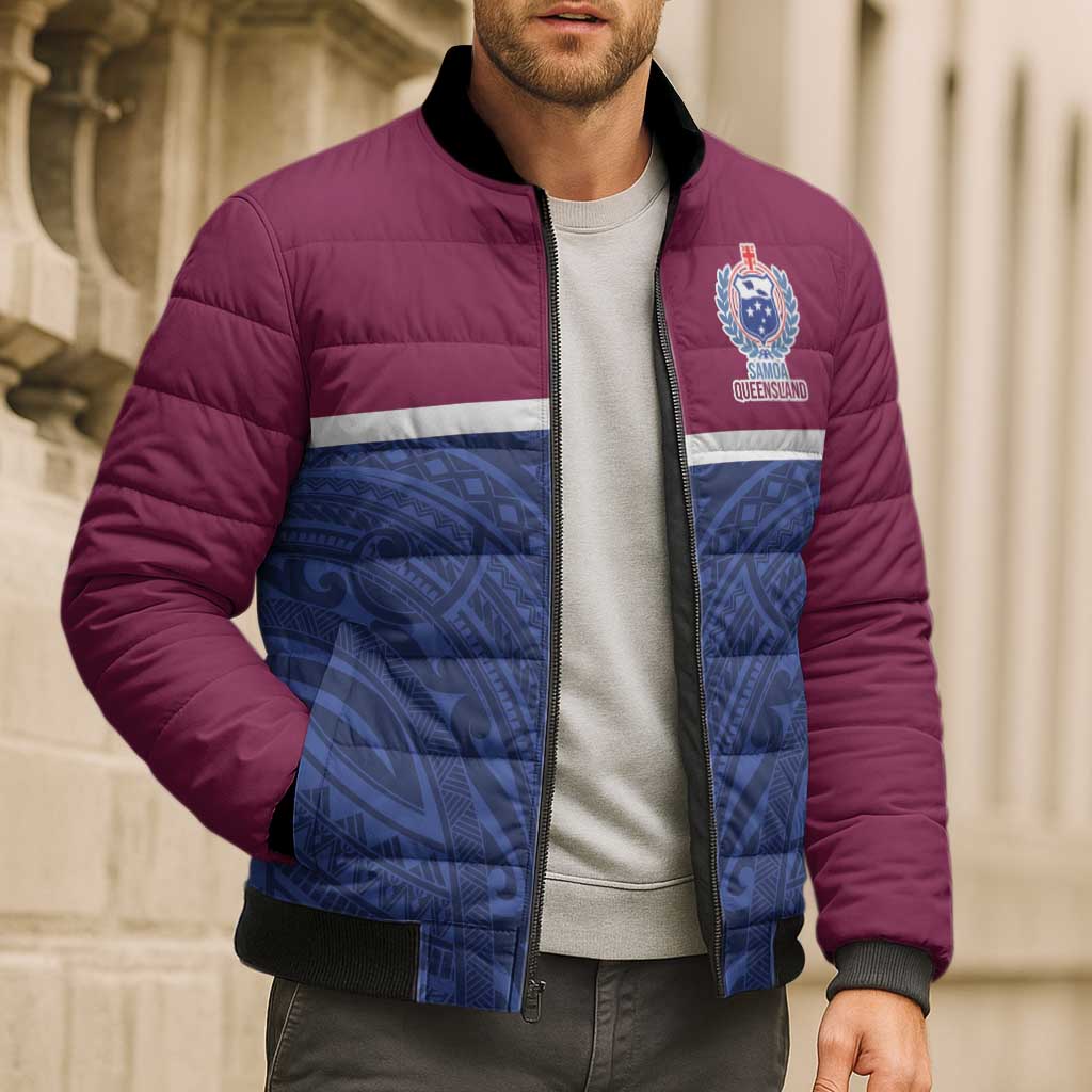 Queensland Samoa Custom Bomber Puffer Jacket Maroon-Blue Pacific Polynesian Tribal Pattern - Polynesian Pride