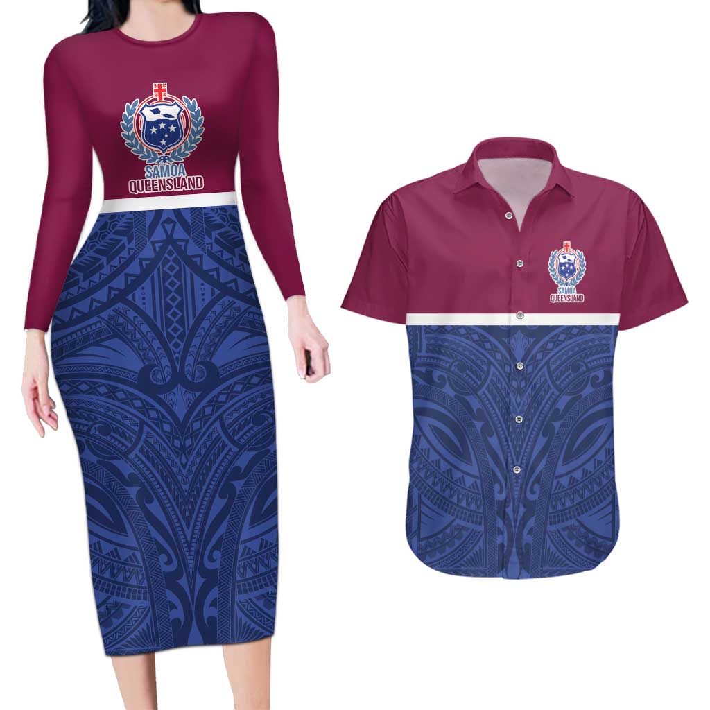 Queensland Samoa Custom Couples Matching Long Sleeve Bodycon Dress and Hawaiian Shirt Maroon-Blue Pacific Polynesian Tribal Pattern