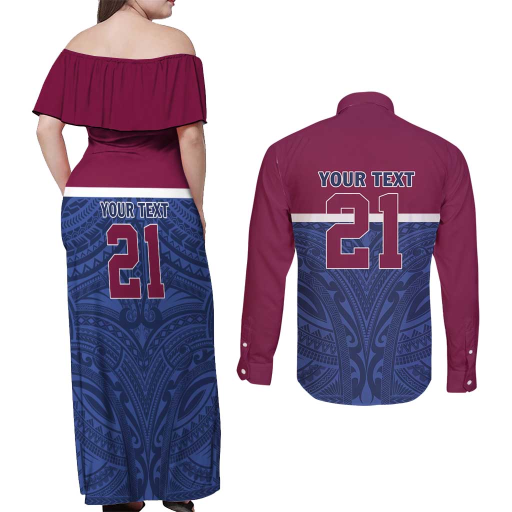 Queensland Samoa Custom Couples Matching Off Shoulder Maxi Dress and Long Sleeve Button Shirt Maroon-Blue Pacific Polynesian Tribal Pattern