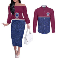 Queensland Samoa Custom Couples Matching Off The Shoulder Long Sleeve Dress and Long Sleeve Button Shirt Maroon-Blue Pacific Polynesian Tribal Pattern