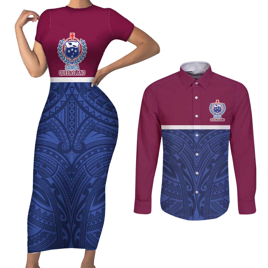 Queensland Samoa Custom Couples Matching Short Sleeve Bodycon Dress and Long Sleeve Button Shirt Maroon-Blue Pacific Polynesian Tribal Pattern
