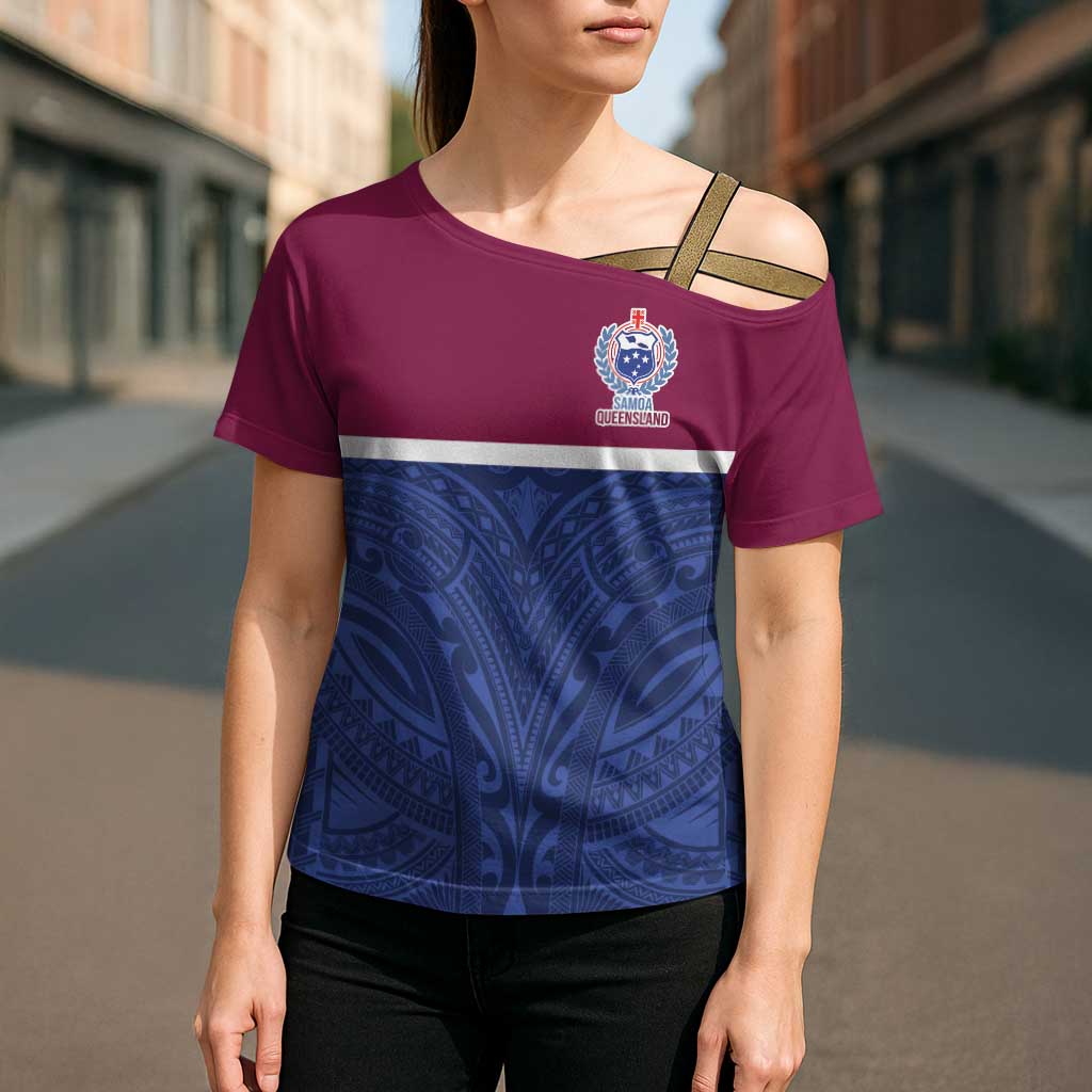 Queensland Samoa Custom Cross Shoulder Shirt Maroon-Blue Pacific Polynesian Tribal Pattern - Polynesian Pride