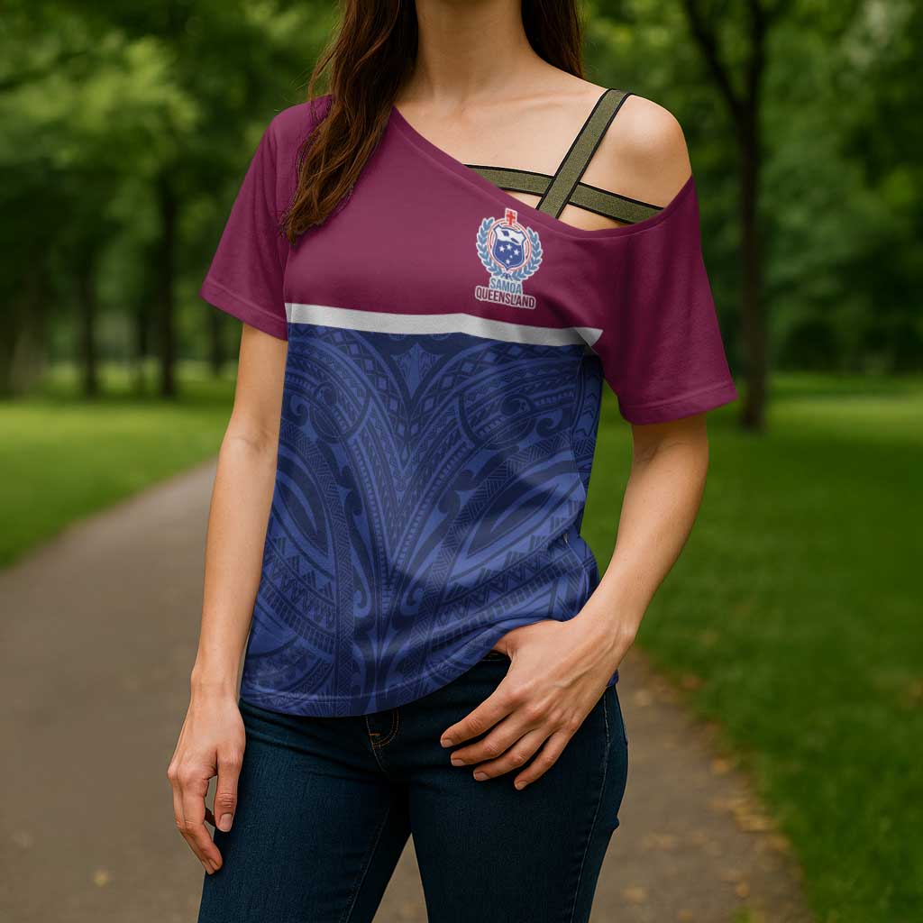 Queensland Samoa Custom Cross Shoulder Shirt Maroon-Blue Pacific Polynesian Tribal Pattern - Polynesian Pride