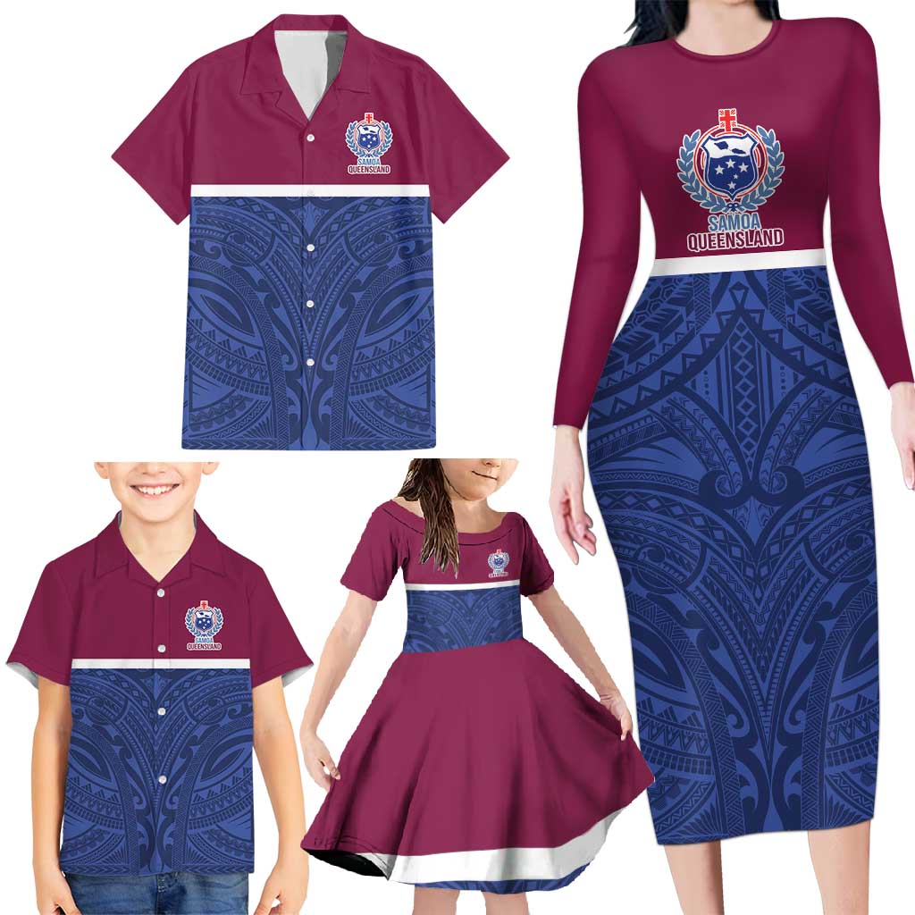 Queensland Samoa Custom Family Matching Long Sleeve Bodycon Dress and Hawaiian Shirt Maroon-Blue Pacific Polynesian Tribal Pattern