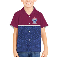 Queensland Samoa Custom Family Matching Off Shoulder Short Dress and Hawaiian Shirt Maroon-Blue Pacific Polynesian Tribal Pattern