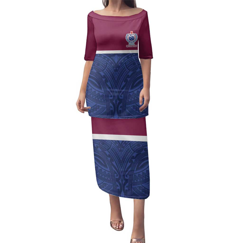 Queensland Samoa Custom Family Matching Puletasi and Hawaiian Shirt Maroon-Blue Pacific Polynesian Tribal Pattern