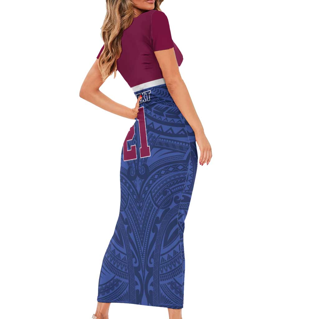 Queensland Samoa Custom Family Matching Short Sleeve Bodycon Dress and Hawaiian Shirt Maroon-Blue Pacific Polynesian Tribal Pattern