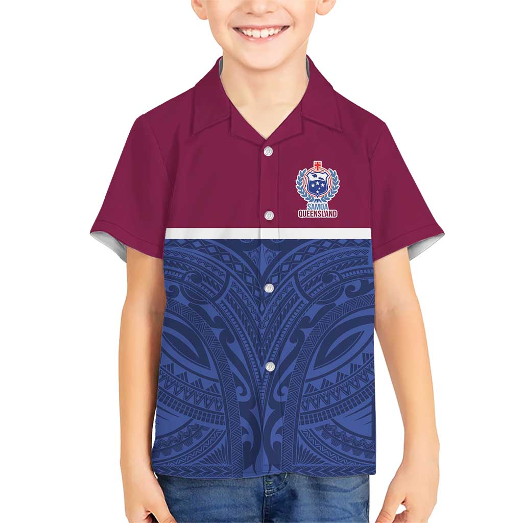 Queensland Samoa Custom Kid Hawaiian Shirt Maroon-Blue Pacific Polynesian Tribal Pattern