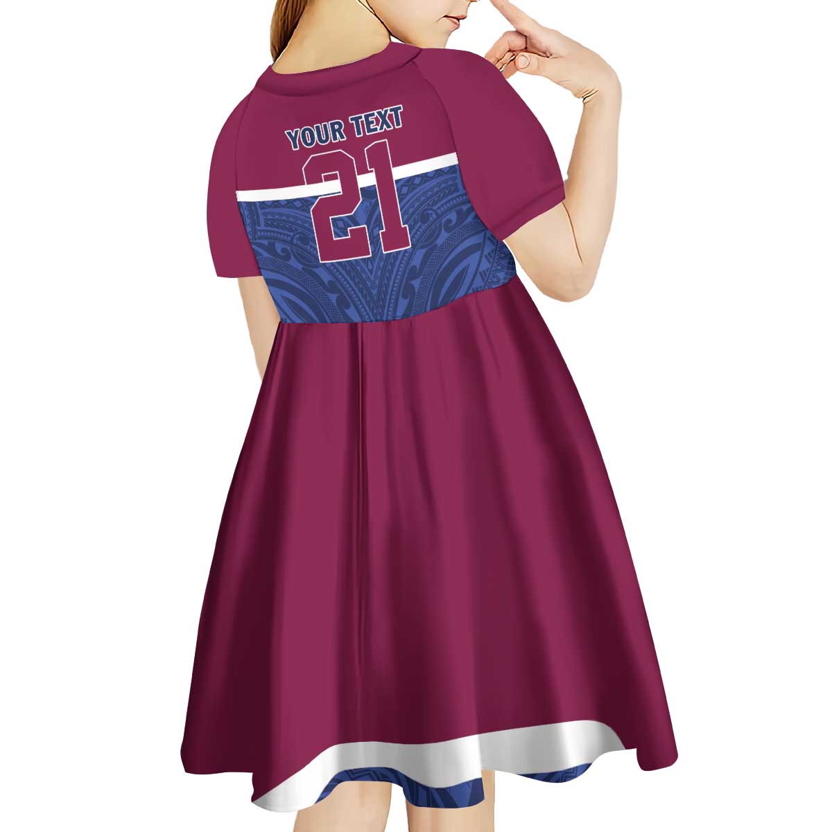 Queensland Samoa Custom Kid Short Sleeve Dress Maroon-Blue Pacific Polynesian Tribal Pattern