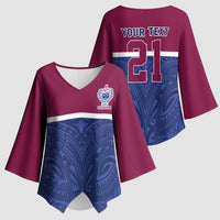 Queensland Samoa Custom Kimono Sleeve Blouse Maroon-Blue Pacific Polynesian Tribal Pattern - Polynesian Pride