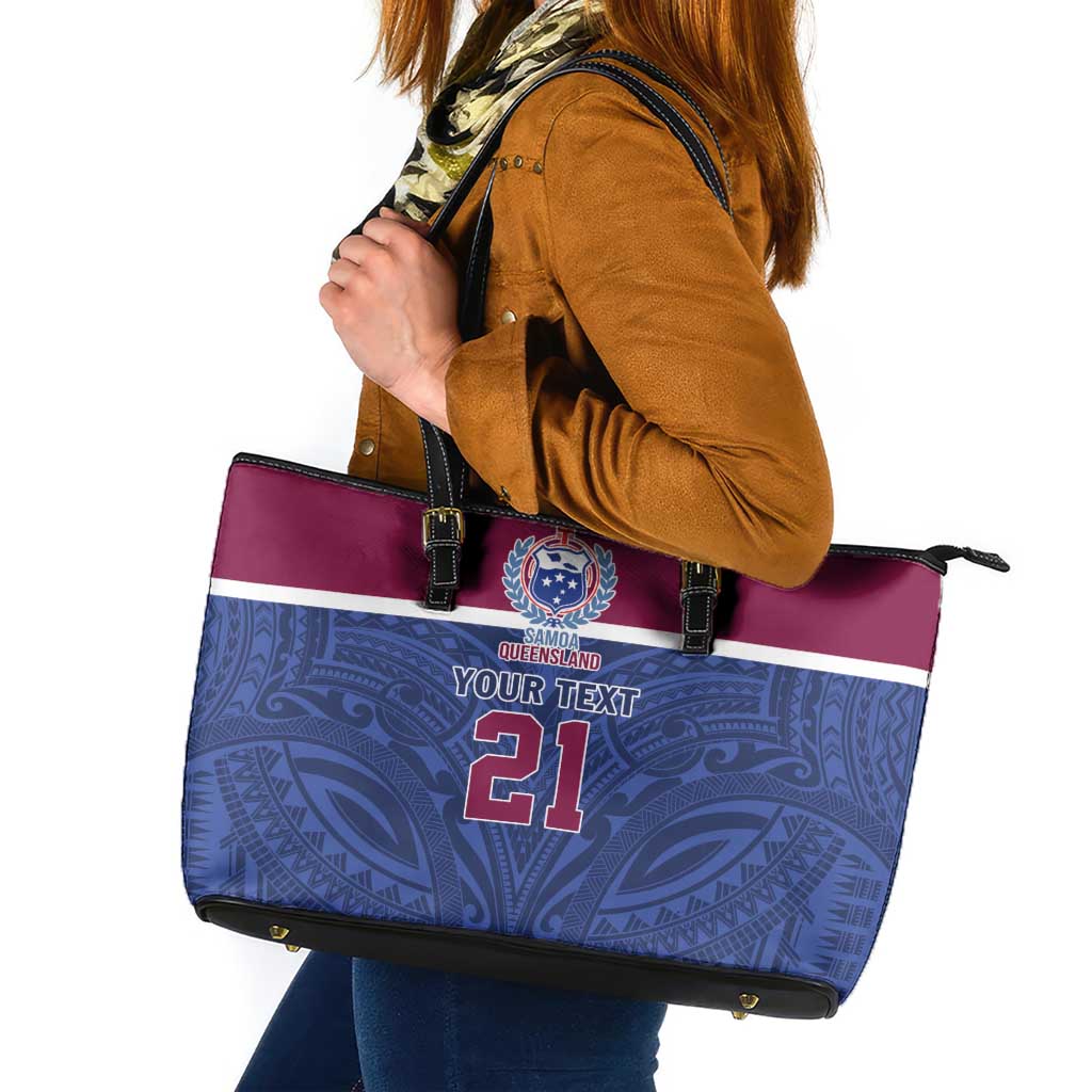 Queensland Samoa Custom Leather Tote Bag Maroon-Blue Pacific Polynesian Tribal Pattern