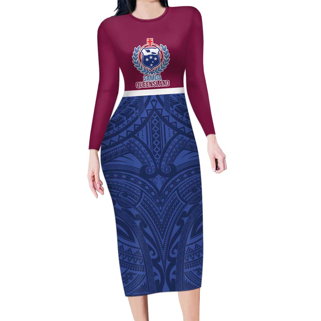 Queensland Samoa Custom Long Sleeve Bodycon Dress Maroon-Blue Pacific Polynesian Tribal Pattern