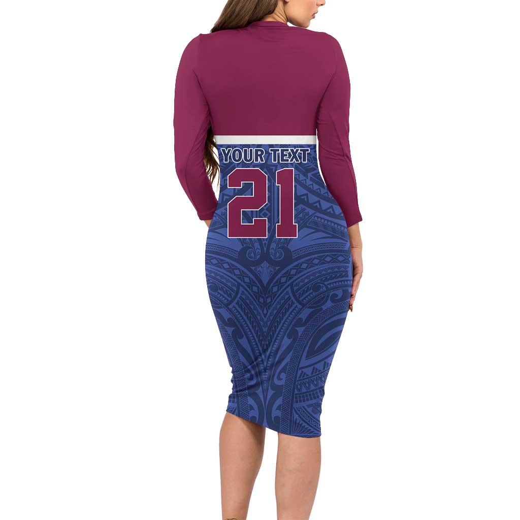 Queensland Samoa Custom Long Sleeve Bodycon Dress Maroon-Blue Pacific Polynesian Tribal Pattern