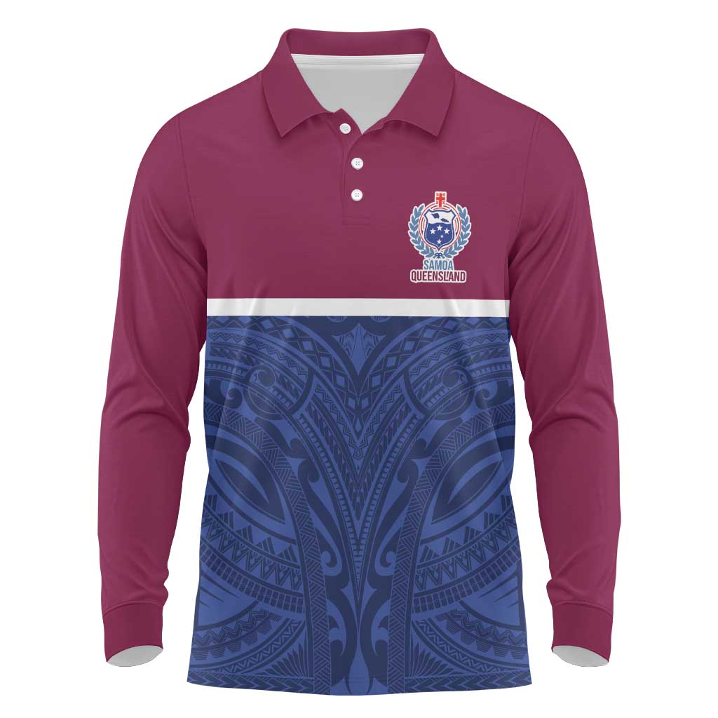 Queensland Samoa Custom Long Sleeve Polo Shirt Maroon-Blue Pacific Polynesian Tribal Pattern