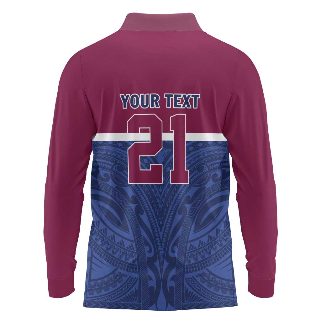 Queensland Samoa Custom Long Sleeve Polo Shirt Maroon-Blue Pacific Polynesian Tribal Pattern