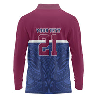 Queensland Samoa Custom Long Sleeve Polo Shirt Maroon-Blue Pacific Polynesian Tribal Pattern
