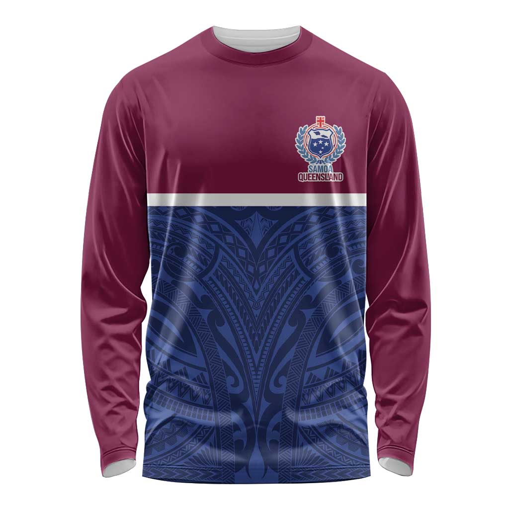 Queensland Samoa Custom Long Sleeve Shirt Maroon-Blue Pacific Polynesian Tribal Pattern