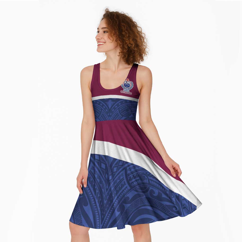 Queensland Samoa Custom Midi Dress Maroon-Blue Pacific Polynesian Tribal Pattern - Polynesian Pride
