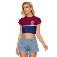 Queensland Samoa Custom Raglan Cropped T Shirt Maroon-Blue Pacific Polynesian Tribal Pattern