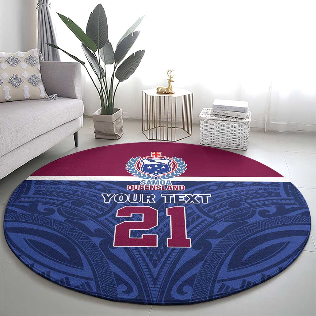 Queensland Samoa Custom Round Carpet Maroon-Blue Pacific Polynesian Tribal Pattern