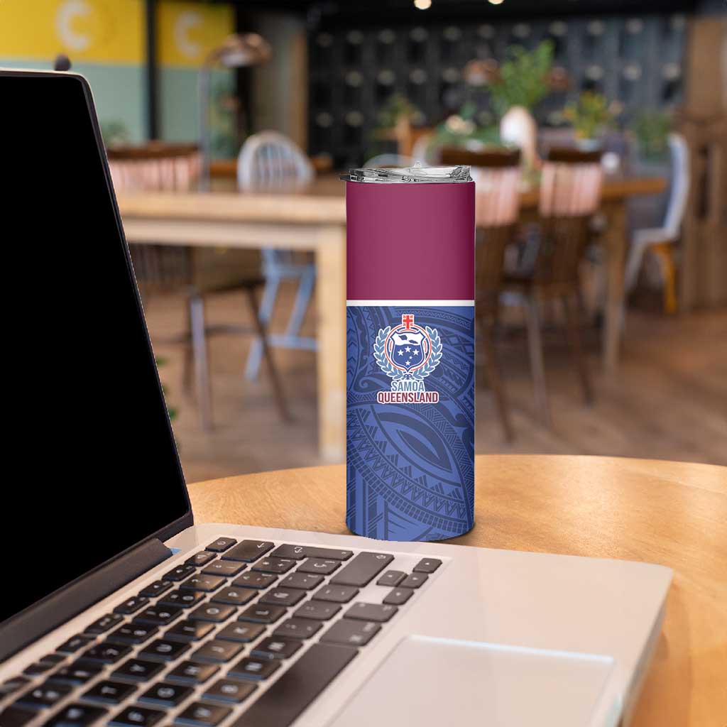 Queensland Samoa Custom Skinny Tumbler Maroon-Blue Pacific Polynesian Tribal Pattern