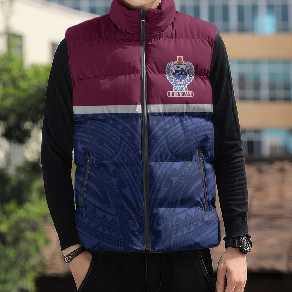 Queensland Samoa Custom Sleeveless Puffer Jacket Maroon-Blue Pacific Polynesian Tribal Pattern - Polynesian Pride