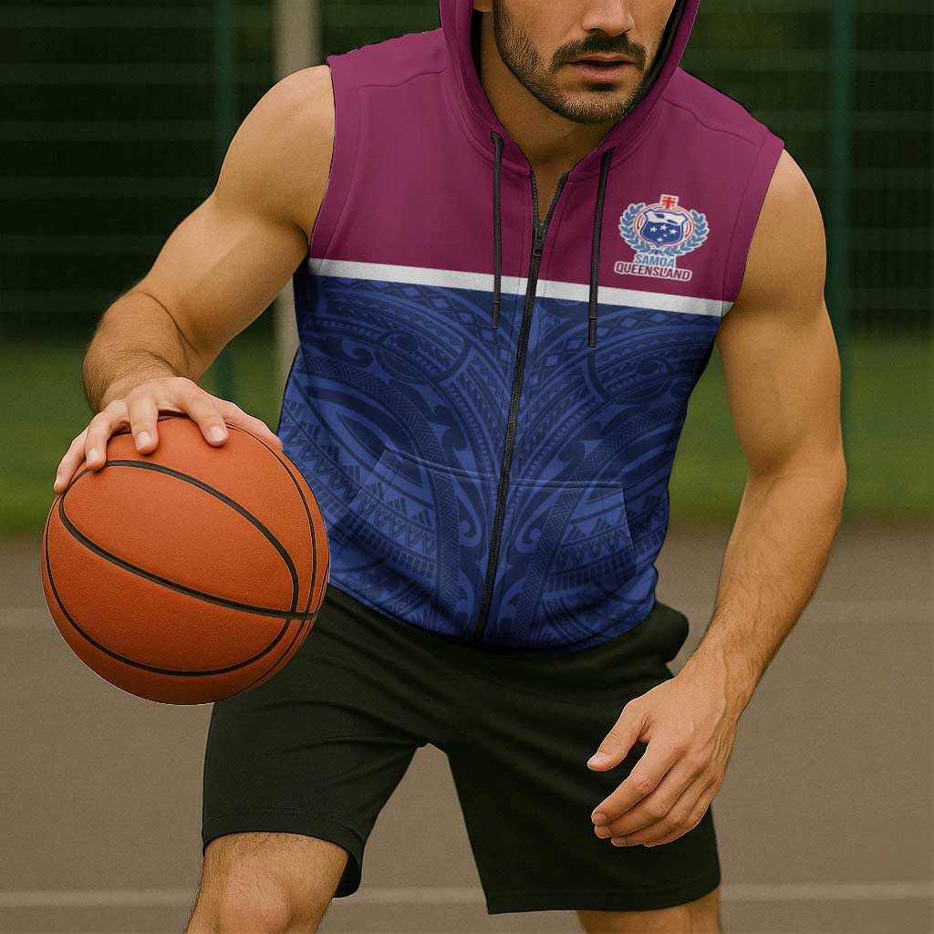 Queensland Samoa Custom Sleeveless Zip Hoodie Maroon-Blue Pacific Polynesian Tribal Pattern - Polynesian Pride