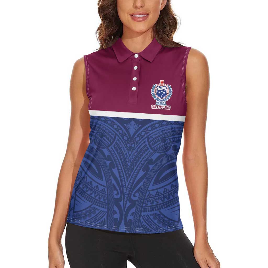 Queensland Samoa Custom Women Sleeveless Polo Shirt Maroon-Blue Pacific Polynesian Tribal Pattern