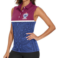 Queensland Samoa Custom Women Sleeveless Polo Shirt Maroon-Blue Pacific Polynesian Tribal Pattern