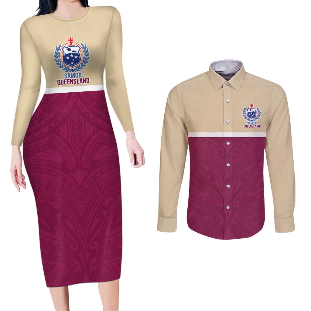 Queensland Samoa Custom Couples Matching Long Sleeve Bodycon Dress and Long Sleeve Button Shirt Maroon Pacific Polynesian Tribal Pattern