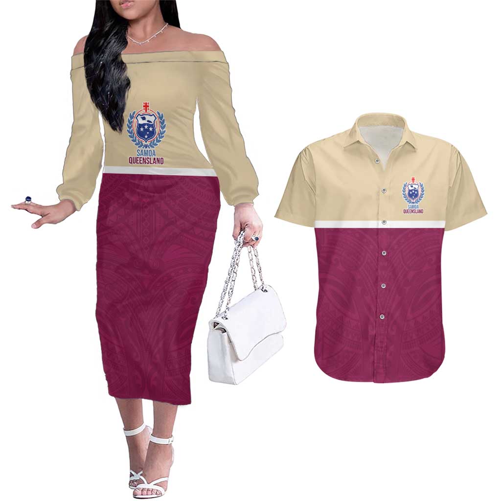 Queensland Samoa Custom Couples Matching Off The Shoulder Long Sleeve Dress and Hawaiian Shirt Maroon Pacific Polynesian Tribal Pattern