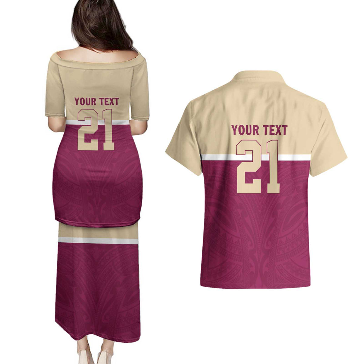 Queensland Samoa Custom Couples Matching Puletasi and Hawaiian Shirt Maroon Pacific Polynesian Tribal Pattern