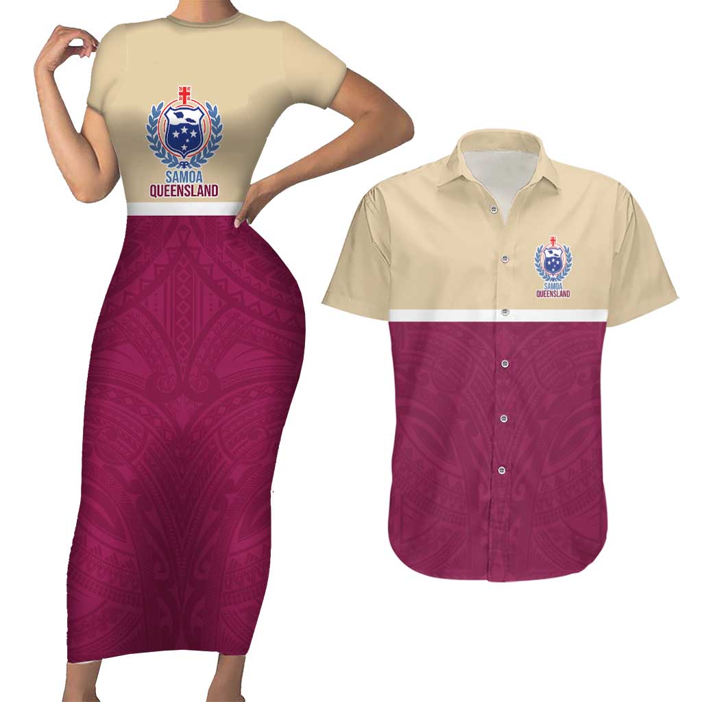 Queensland Samoa Custom Couples Matching Short Sleeve Bodycon Dress and Hawaiian Shirt Maroon Pacific Polynesian Tribal Pattern