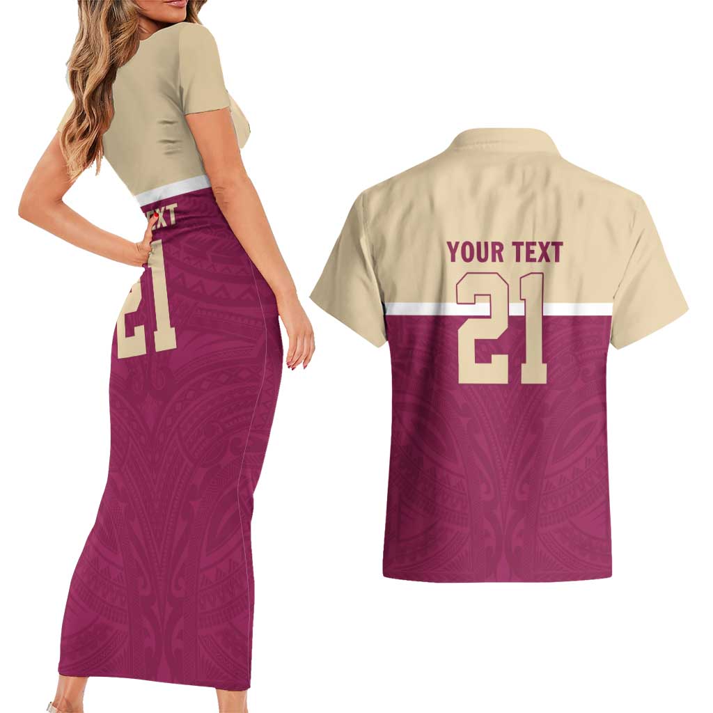 Queensland Samoa Custom Couples Matching Short Sleeve Bodycon Dress and Hawaiian Shirt Maroon Pacific Polynesian Tribal Pattern
