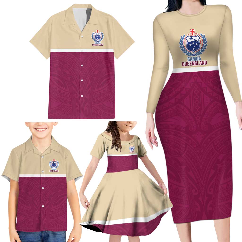 Queensland Samoa Custom Family Matching Long Sleeve Bodycon Dress and Hawaiian Shirt Maroon Pacific Polynesian Tribal Pattern