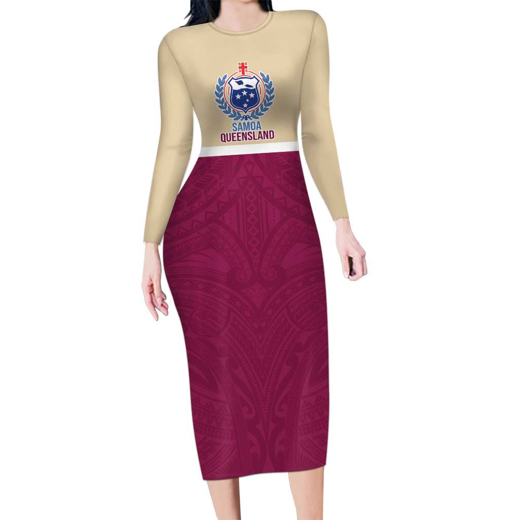 Queensland Samoa Custom Family Matching Long Sleeve Bodycon Dress and Hawaiian Shirt Maroon Pacific Polynesian Tribal Pattern