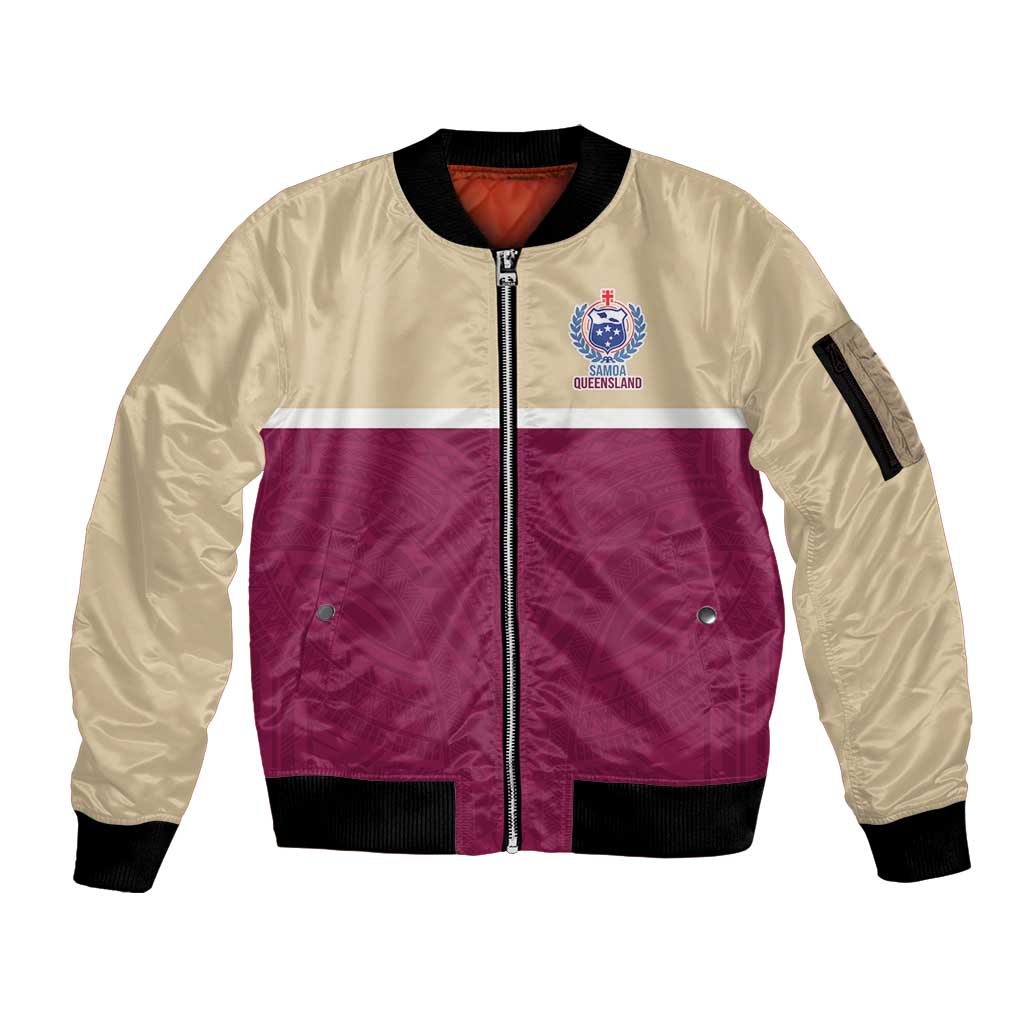 Queensland Samoa Custom Sleeve Zip Bomber Jacket Maroon Pacific Polynesian Tribal Pattern