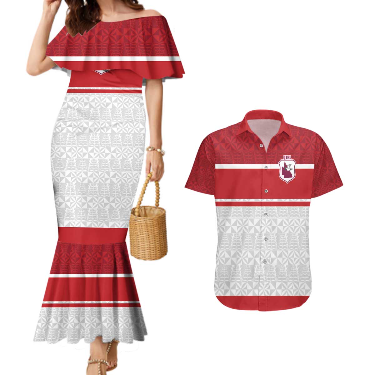 Queensland Tonga Custom Couples Matching Mermaid Dress and Hawaiian Shirt QLD with Tongan Ngatu Pattern
