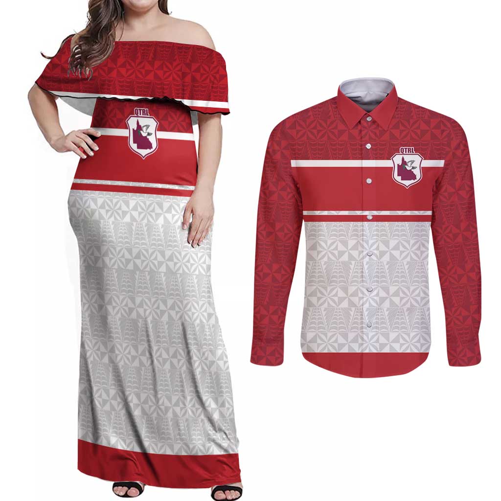Queensland Tonga Custom Couples Matching Off Shoulder Maxi Dress and Long Sleeve Button Shirt QLD with Tongan Ngatu Pattern LT9 Red - Polynesian Pride