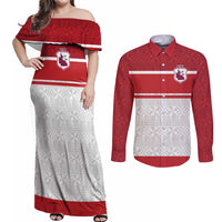 Queensland Tonga Custom Couples Matching Off Shoulder Maxi Dress and Long Sleeve Button Shirt QLD with Tongan Ngatu Pattern LT9 Red - Polynesian Pride