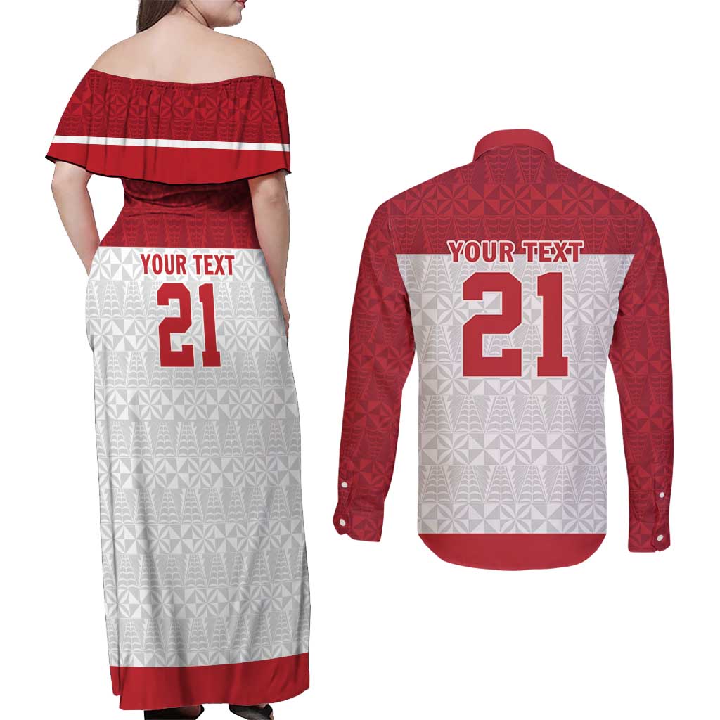 Queensland Tonga Custom Couples Matching Off Shoulder Maxi Dress and Long Sleeve Button Shirt QLD with Tongan Ngatu Pattern LT9 - Polynesian Pride