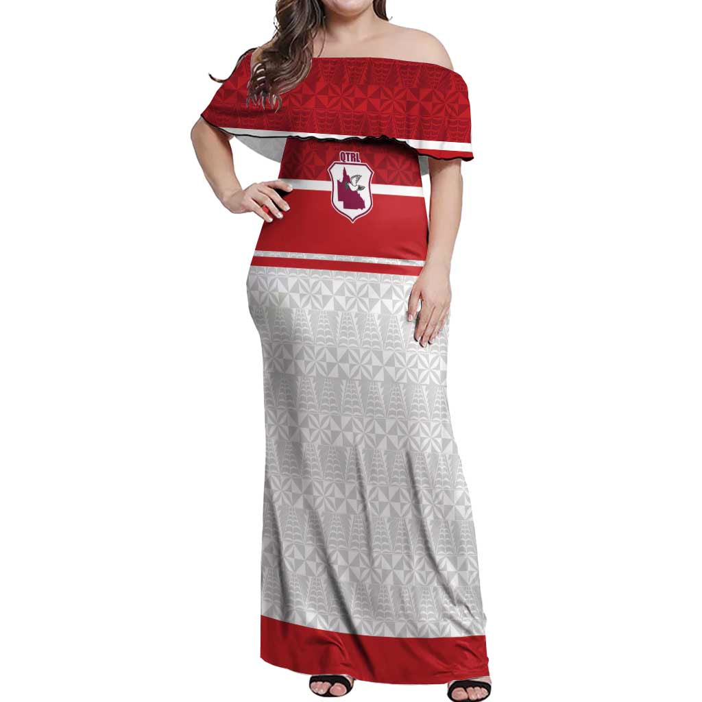 Queensland Tonga Custom Off Shoulder Maxi Dress QLD with Tongan Ngatu Pattern