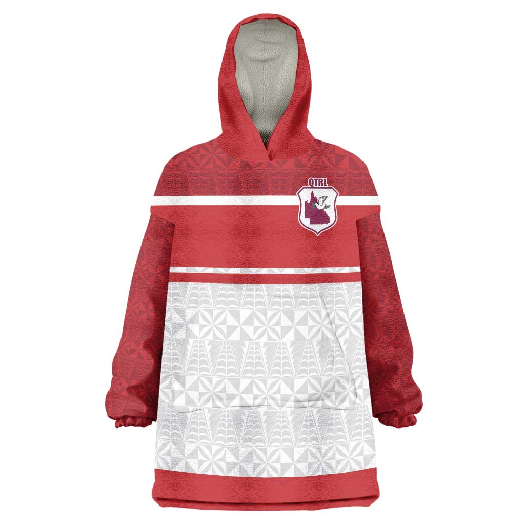 Queensland Tonga Custom Wearable Blanket Hoodie QLD with Tongan Ngatu Pattern LT9 One Size Red - Polynesian Pride