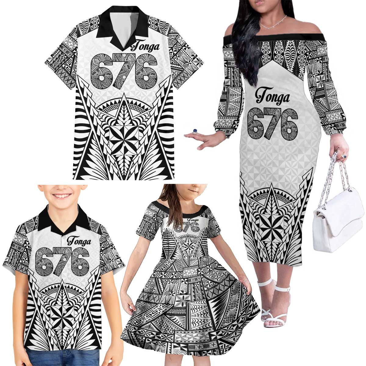 Personalised Tonga 676 Family Matching Off The Shoulder Long Sleeve Dress and Hawaiian Shirt Tribal Kupesi Ngatu Unique LT9 - Polynesian Pride