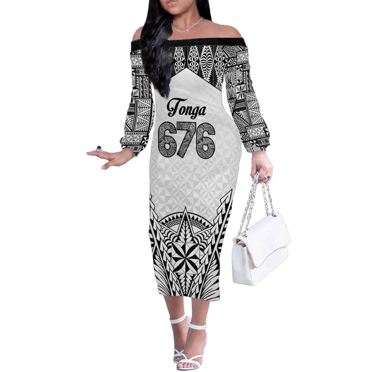 Personalised Tonga 676 Family Matching Off The Shoulder Long Sleeve Dress and Hawaiian Shirt Tribal Kupesi Ngatu Unique LT9 Mom's Dress White - Polynesian Pride