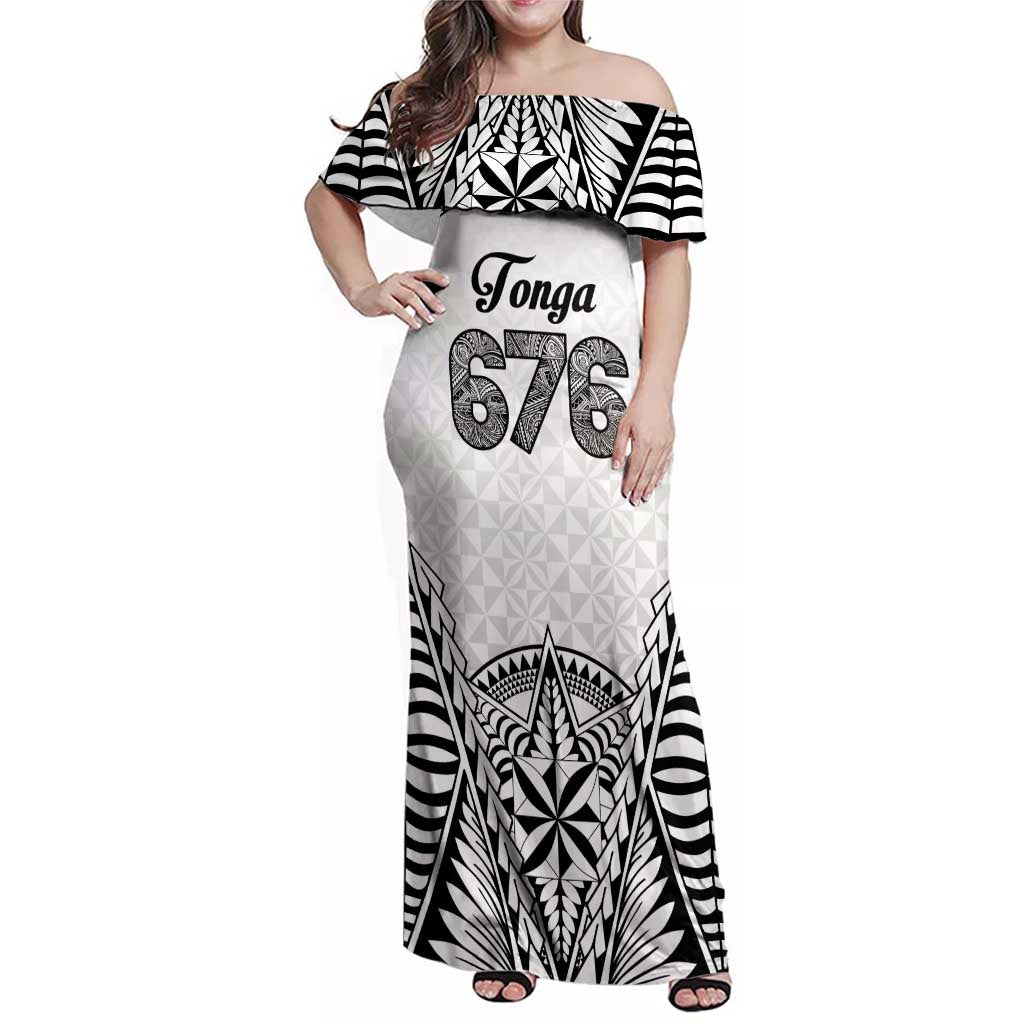 Personalised Tonga 676 Family Matching Off Shoulder Maxi Dress and Hawaiian Shirt Tribal Kupesi Ngatu Unique LT9 Mom's Dress White - Polynesian Pride