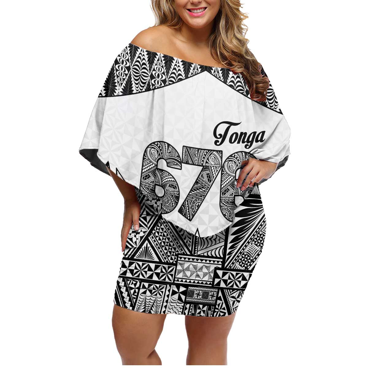 Personalised Tonga 676 Family Matching Off Shoulder Short Dress and Hawaiian Shirt Tribal Kupesi Ngatu Unique LT9 Mom's Dress White - Polynesian Pride