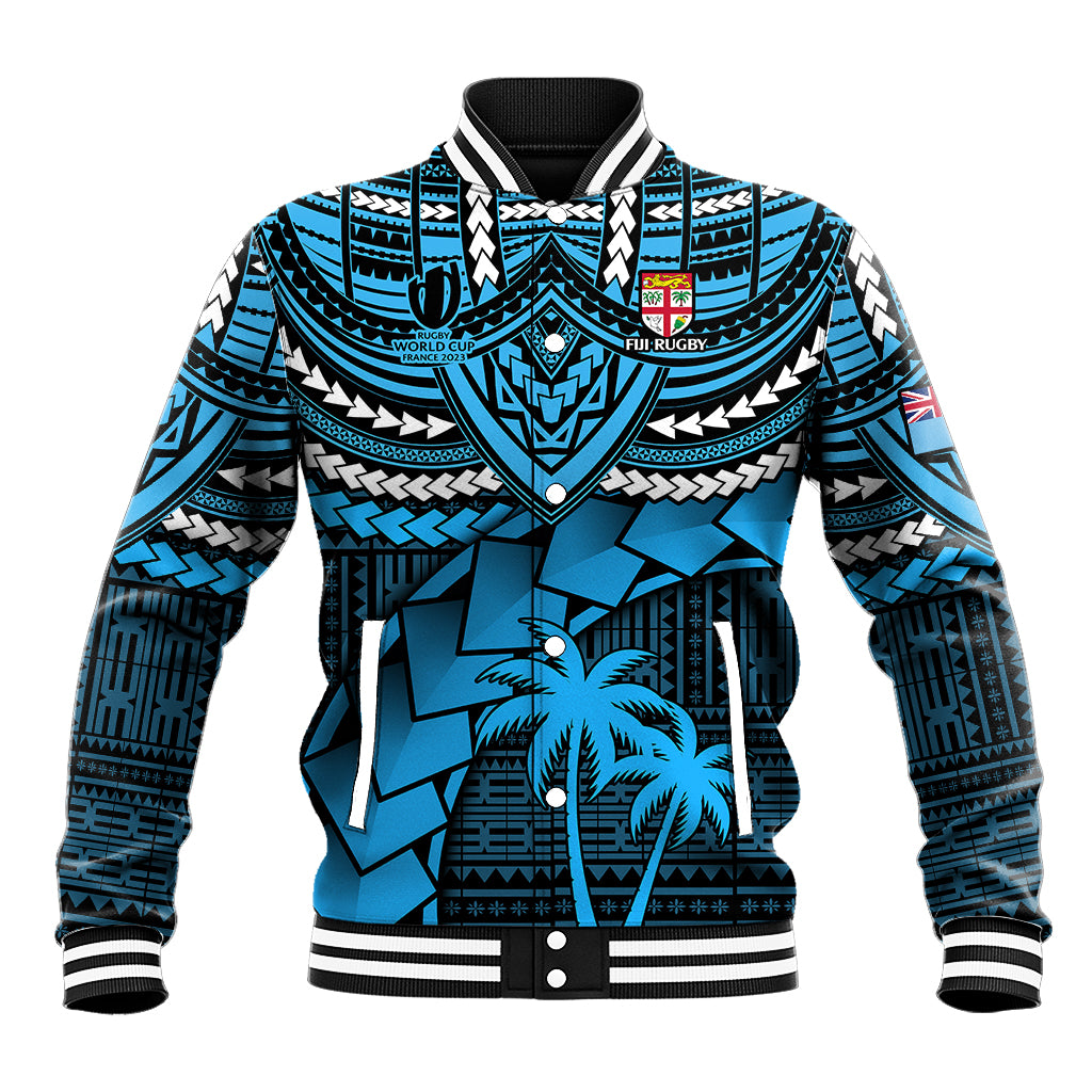 Fiji Rugby Baseball Jacket Go Fijian Tapa Arty with World Cup Vibe LT9 Unisex Blue - Polynesian Pride