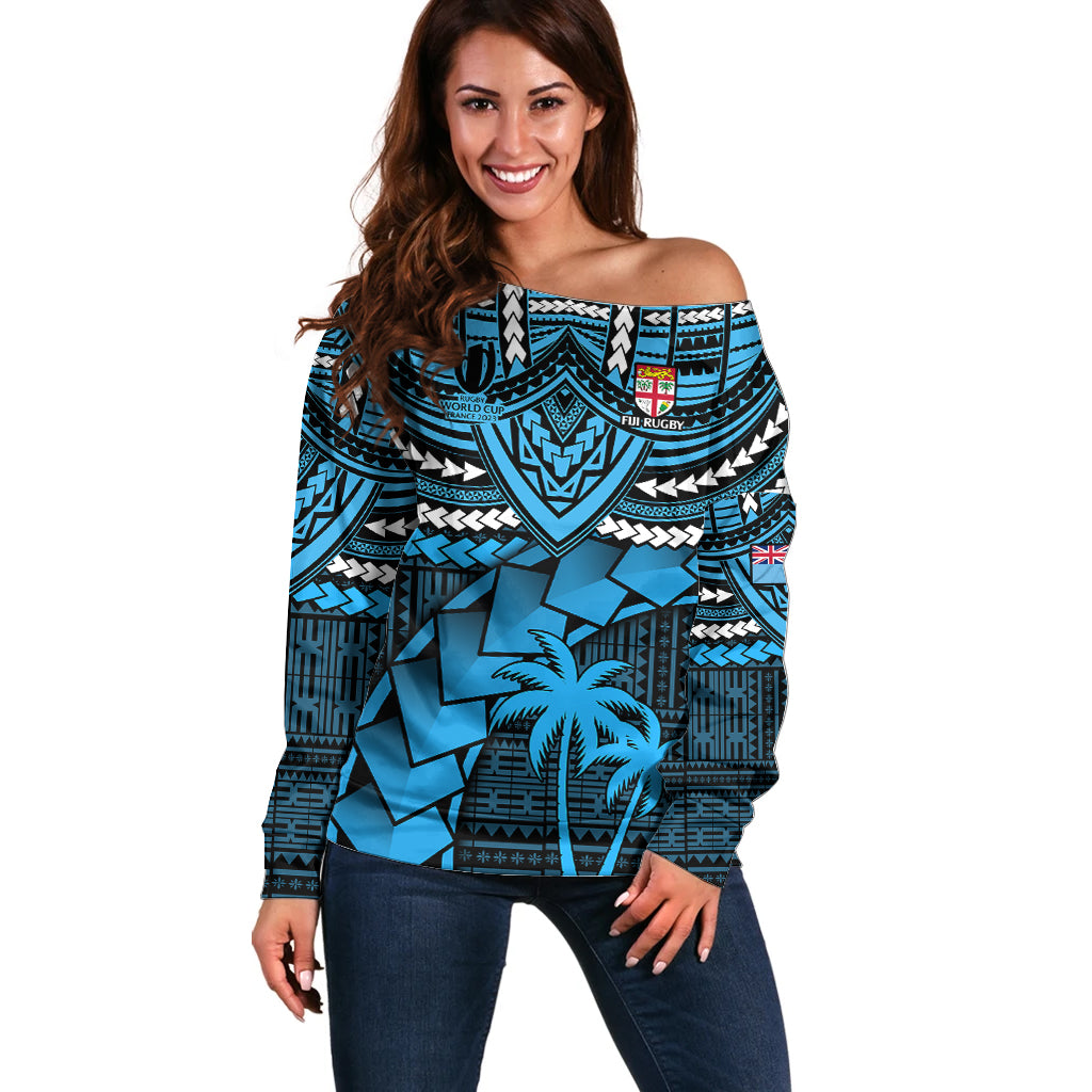 Fiji Rugby Off Shoulder Sweater Go Fijian Tapa Arty with World Cup Vibe LT9 Women Blue - Polynesian Pride