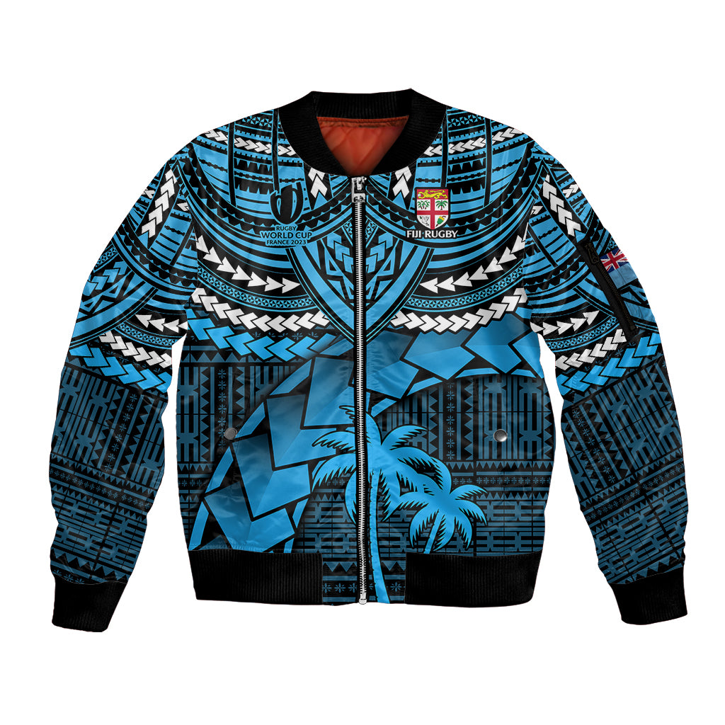 Fiji Rugby Sleeve Zip Bomber Jacket Go Fijian Tapa Arty with World Cup Vibe LT9 Unisex Blue - Polynesian Pride